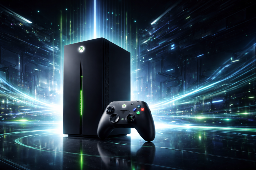Консоль Xbox Series X и геймпад на фоне неона