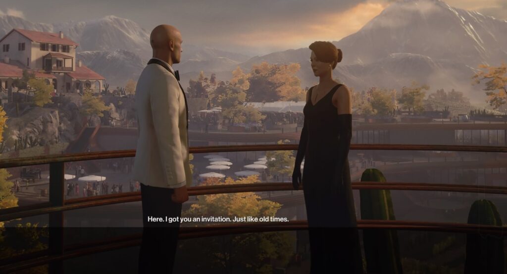 Агент 47 из Hitman разговаривает с женщиной на балконе