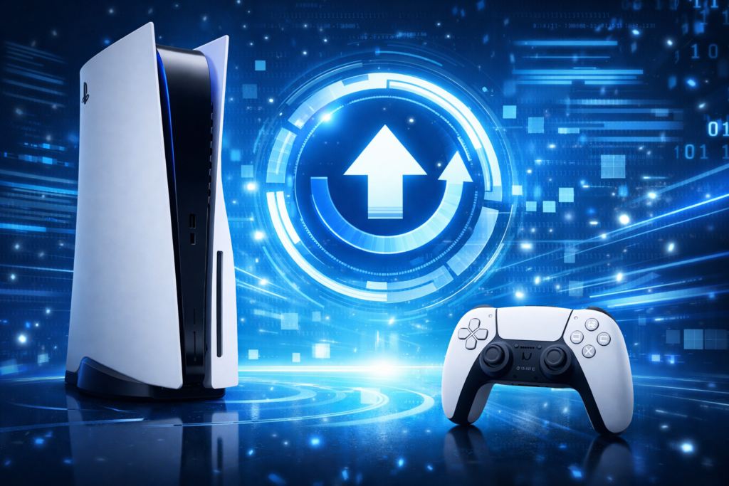 PlayStation 5 и DualSense на синем фоне обновления