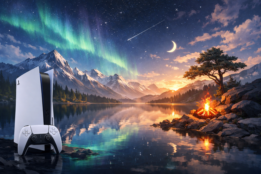 PlayStation 5 стоит у озера на закате