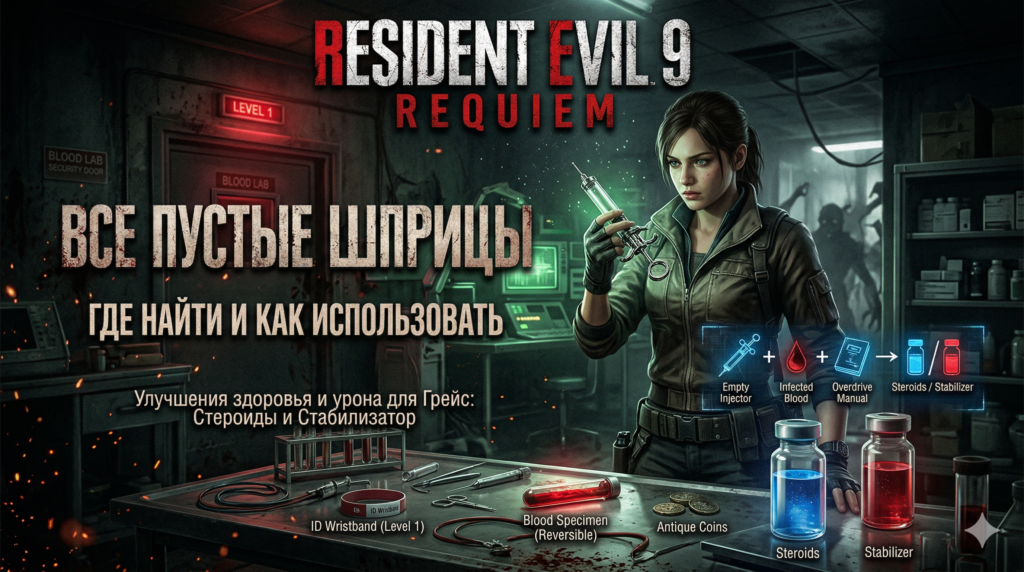 Грейс держит шприц в лаборатории Resident Evil 9 Requiem