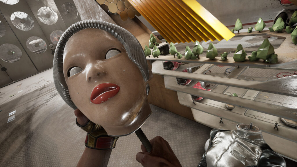 Робот держит голову андроида в лаборатории Atomic Heart