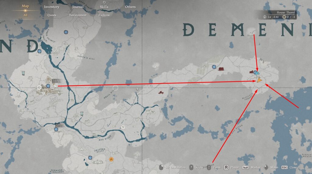 Карта Dragon's Dogma 2 с отмеченным маршрутом стрелками