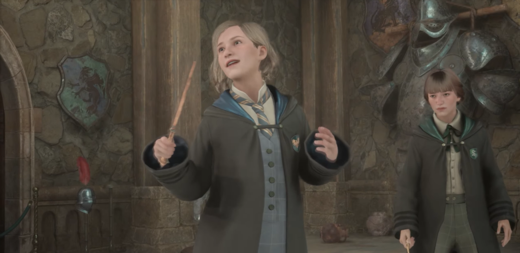 Ученики Хогвартса из Hogwarts Legacy держат палочки в зале