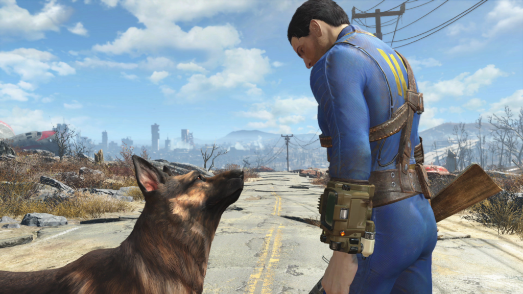 Выживший Fallout 4 смотрит на собаку на дороге