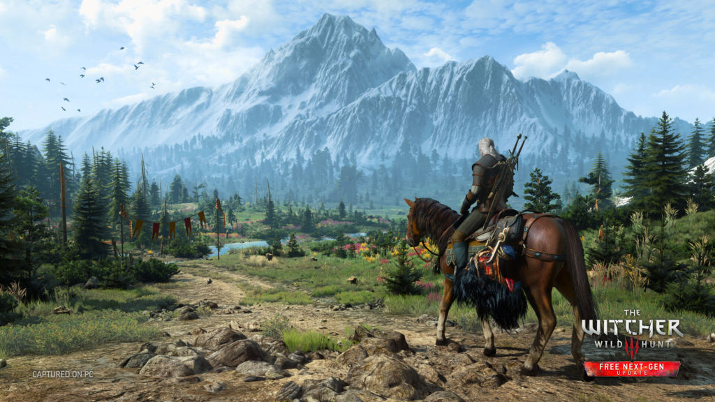 Геральт из The Witcher 3 едет верхом в горах