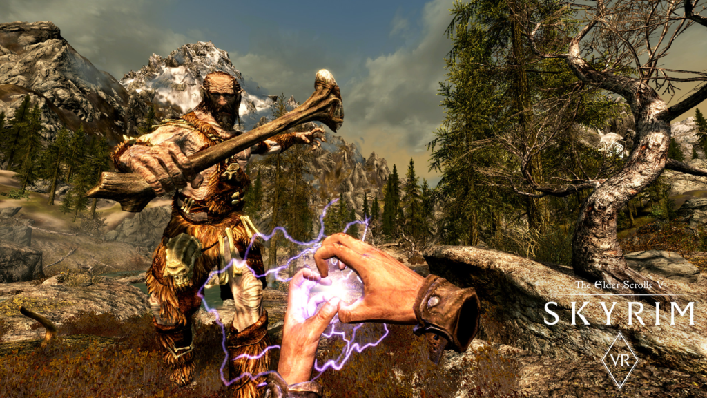 Гигант атакует, игрок колдует молнию в Skyrim VR