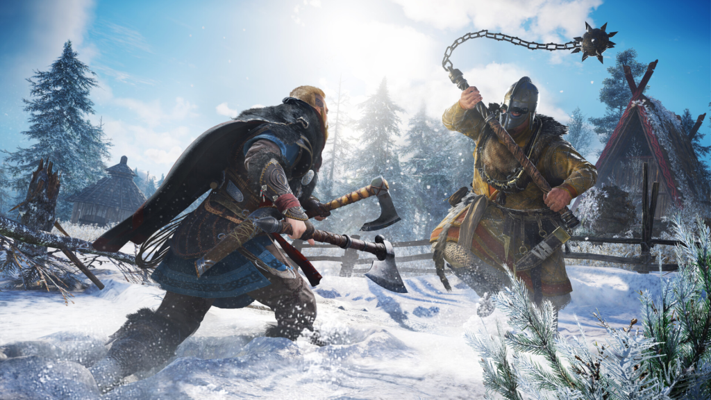 Эйвор из Assassin’s Creed Valhalla сражается в снегу