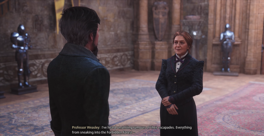 Профессор Уизли разговаривает с учеником в Хогвартсе Hogwarts Legacy