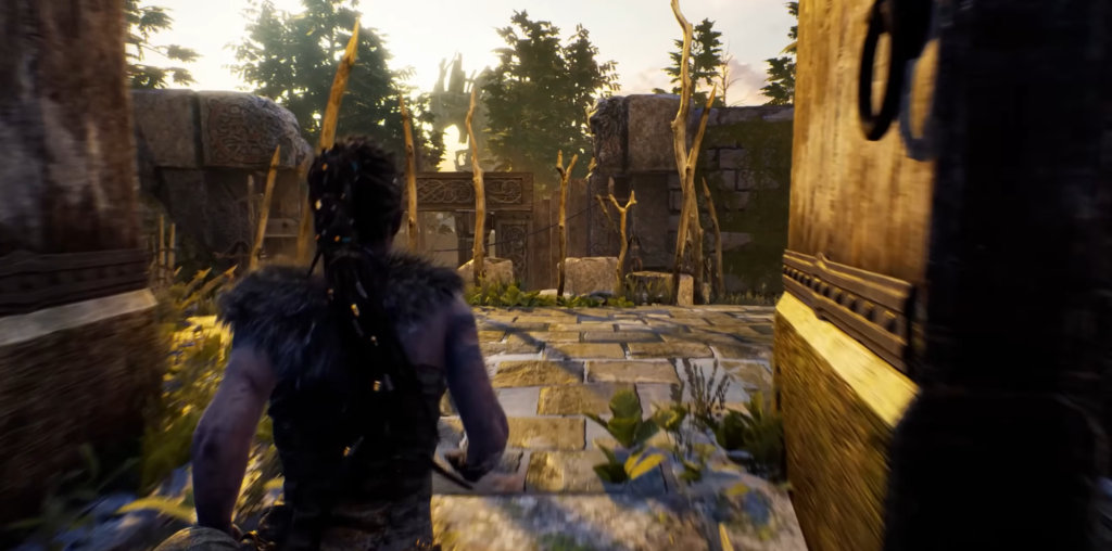 Сенуа из Hellblade бежит по каменным руинам