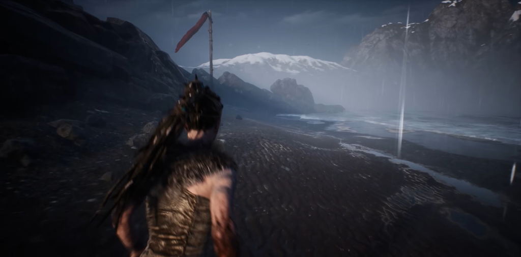 Сенуа бежит по пляжу под дождём, Hellblade