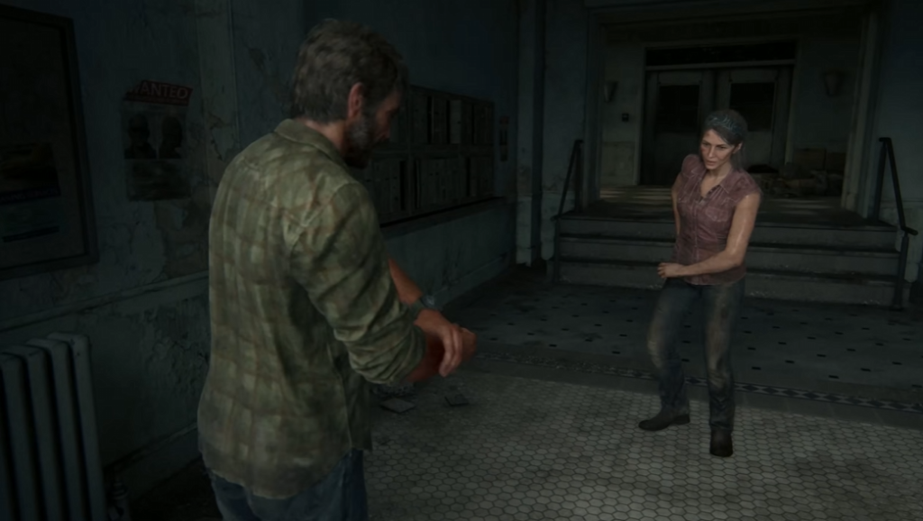 Джоэл и Тесс из The Last of Us стоят в коридоре