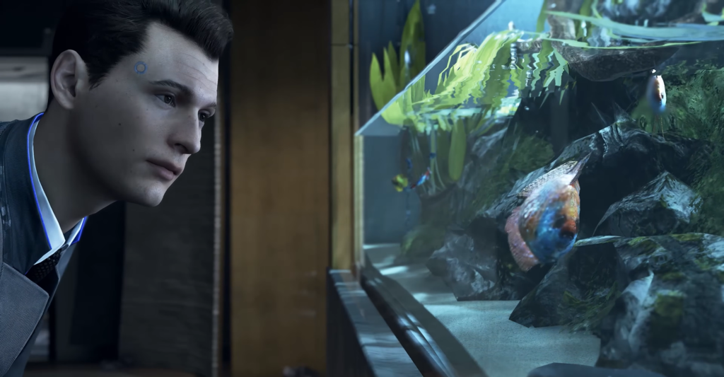 Коннор из Detroit: Become Human смотрит на аквариум