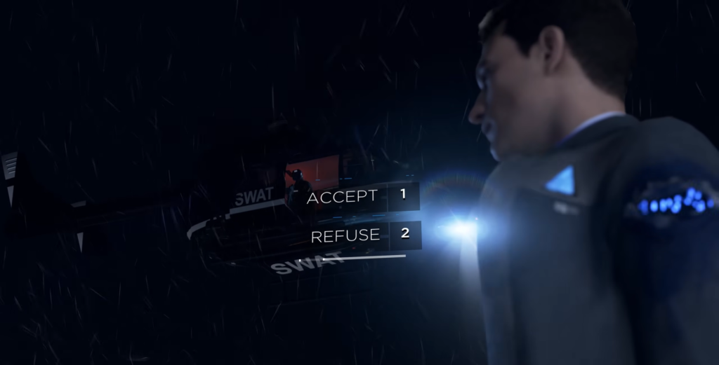 Коннор из Detroit: Become Human смотрит на SWAT ночью