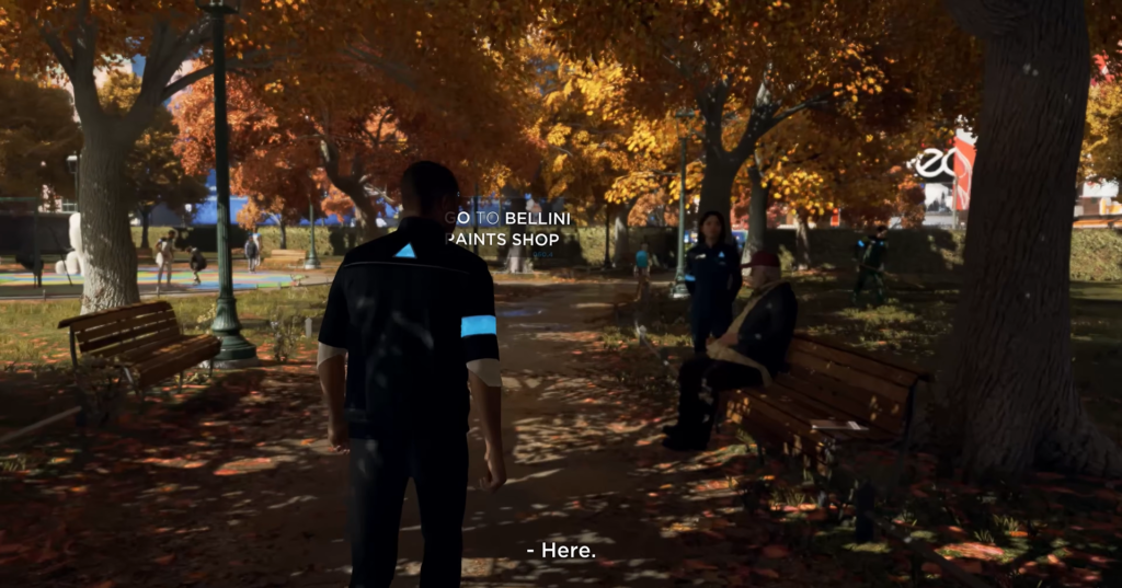 Андроид Коннор из Detroit: Become Human идет по парку