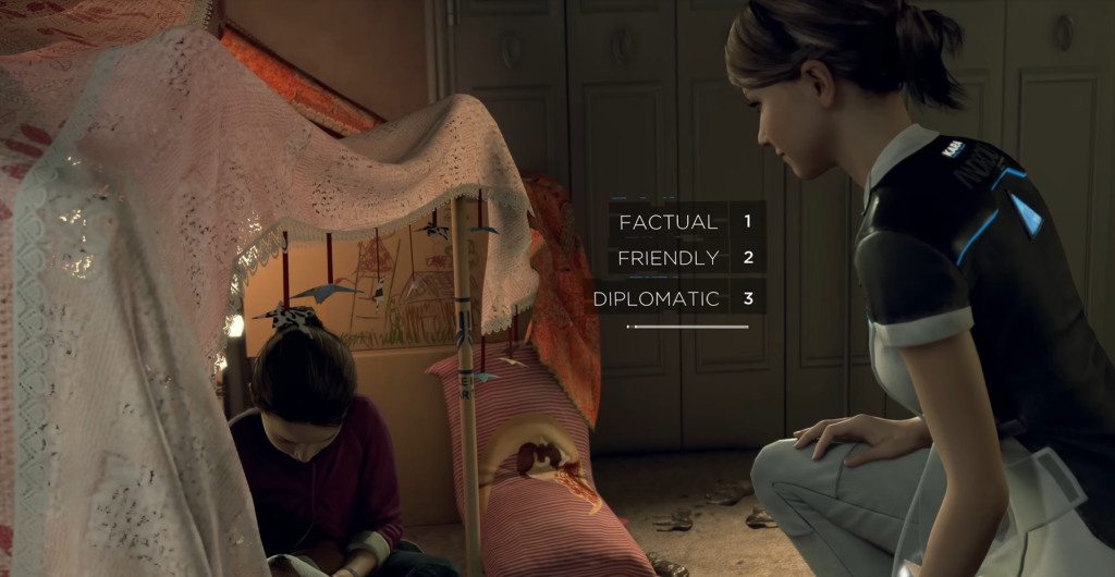 Кэра из Detroit: Become Human разговаривает с девочкой в комнате