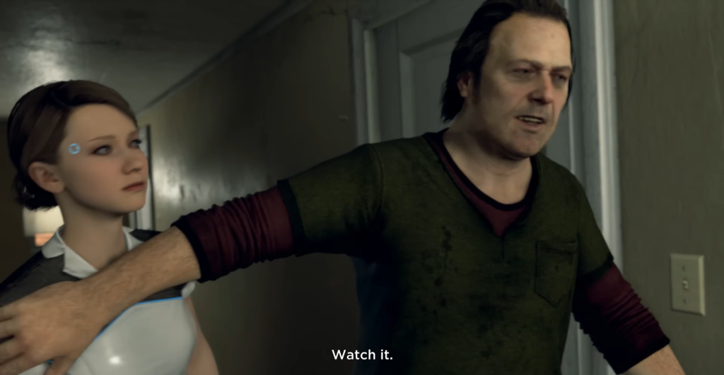 Кэра из Detroit: Become Human стоит в коридоре с мужчиной