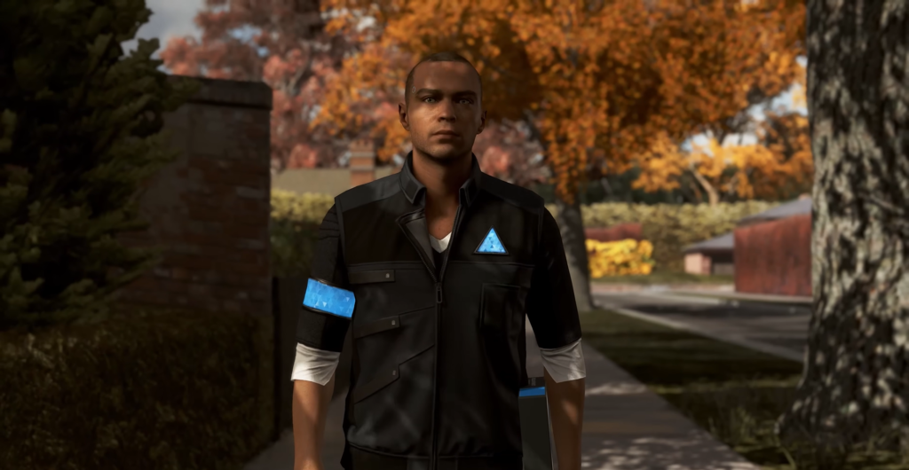 Маркус из Detroit: Become Human идет по улице осенью