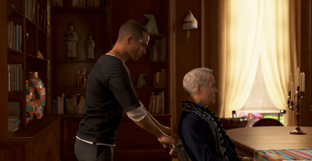 Андроид Коннор из Detroit: Become Human толкает инвалидную коляску в комнате