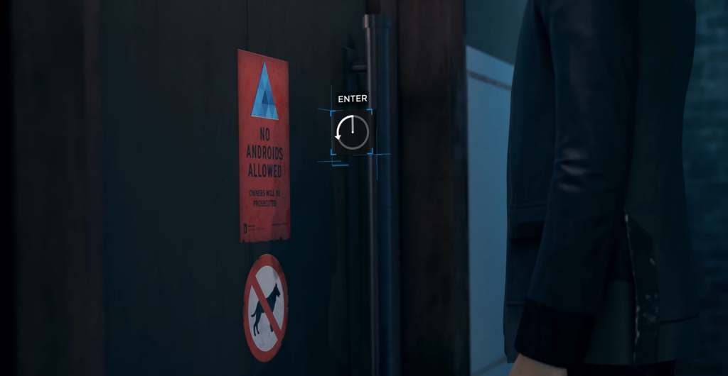 Интерфейс Detroit: Become Human, вход у двери с табличкой