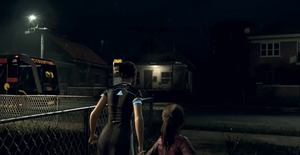 Кара и девочка идут ночью у забора Detroit: Become Human