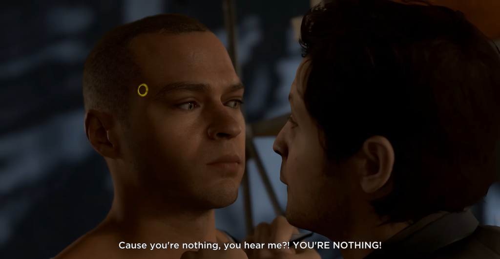 Андроид Коннор Detroit: Become Human смотрит на мужчину вблизи