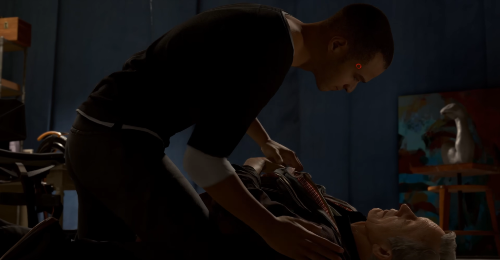 Андроид Маркус из Detroit: Become Human наклоняется над мужчиной