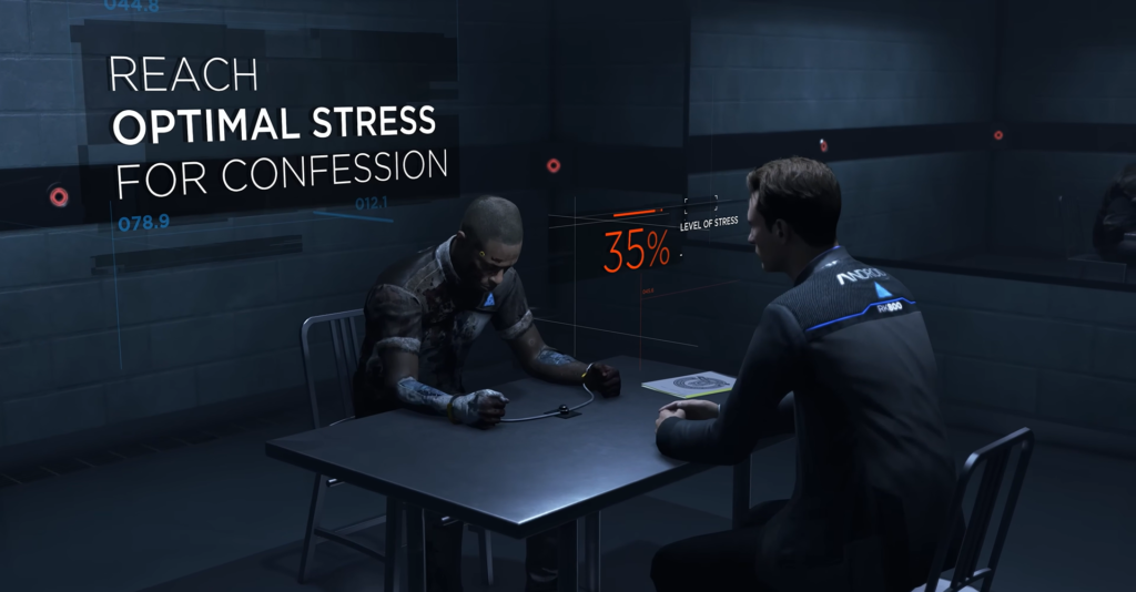 Коннор из Detroit: Become Human допрашивает подозреваемого в комнате