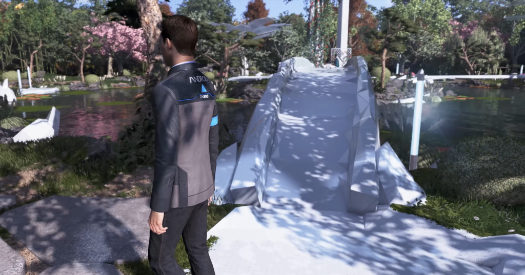 Коннор из Detroit: Become Human стоит у моста в парке