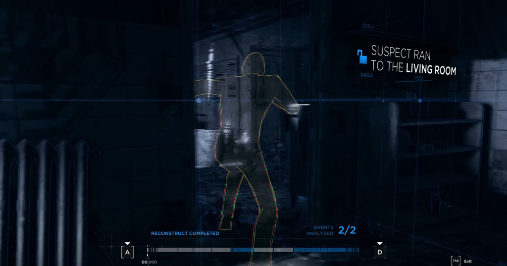 Силуэт подозреваемого бежит в гостиную, интерфейс игры Detroit: Become Human