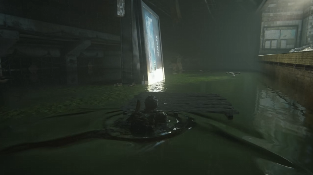 Элли из The Last of Us плывет в затопленном здании