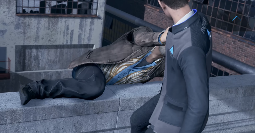 Коннор из Detroit: Become Human держит мужчину на крыше