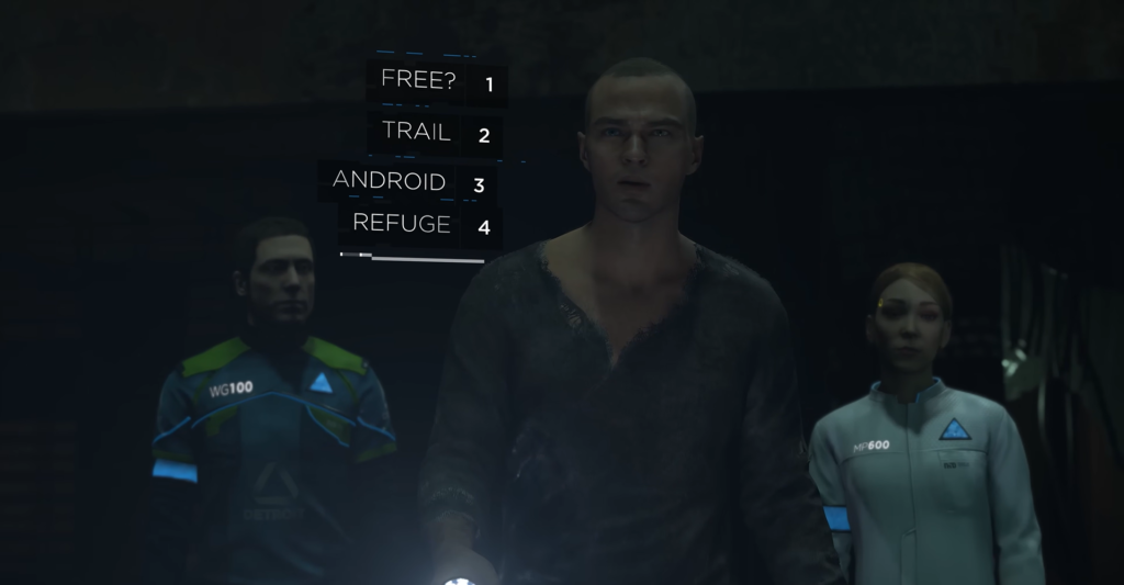 Маркус из Detroit: Become Human стоит с андроидами в темноте