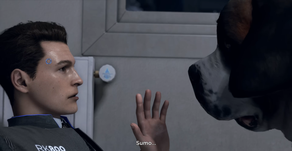 Коннор из Detroit: Become Human поднимает руку в комнате