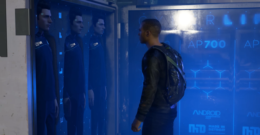 Маркус из Detroit: Become Human смотрит на андроидов в витрине