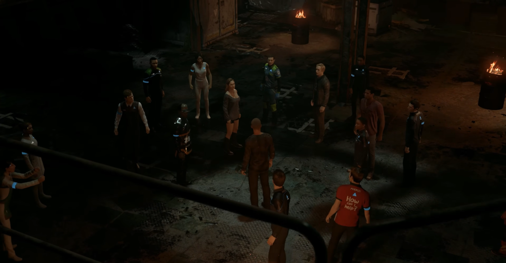 Андроиды Detroit: Become Human стоят кругом в складе