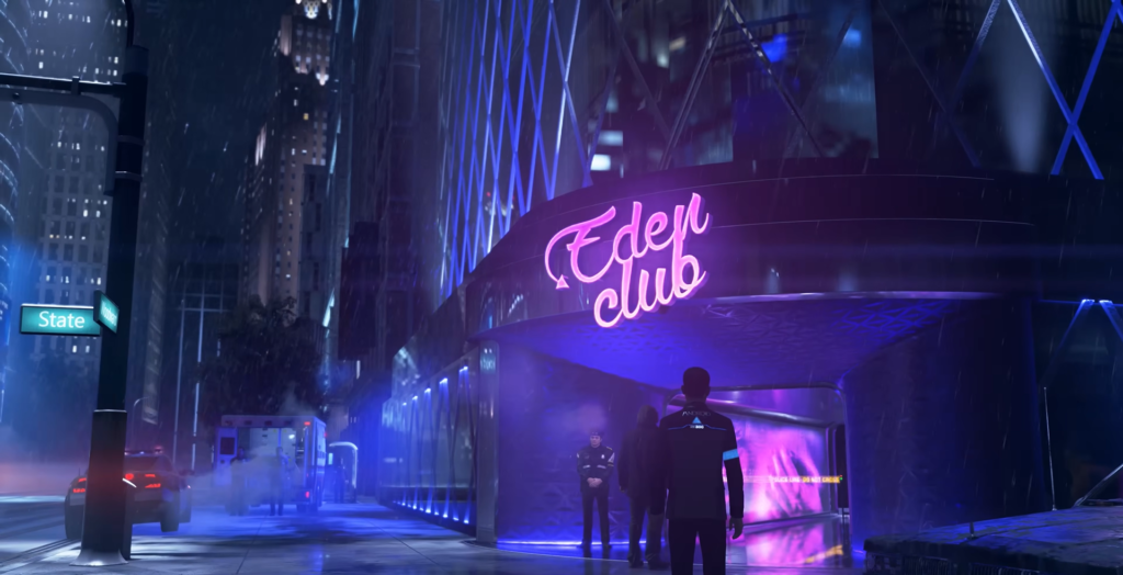Мужчина идет к Eden Club ночью под дождем