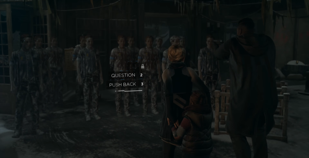 Персонажи Detroit: Become Human стоят перед андроидами в помещении