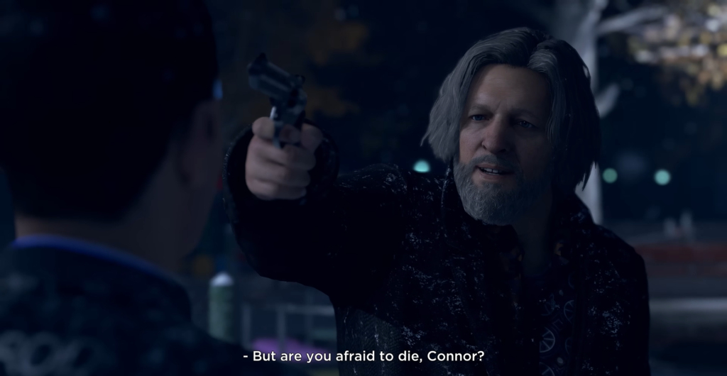 Хэнк Андерсон из Detroit: Become Human целится пистолетом ночью