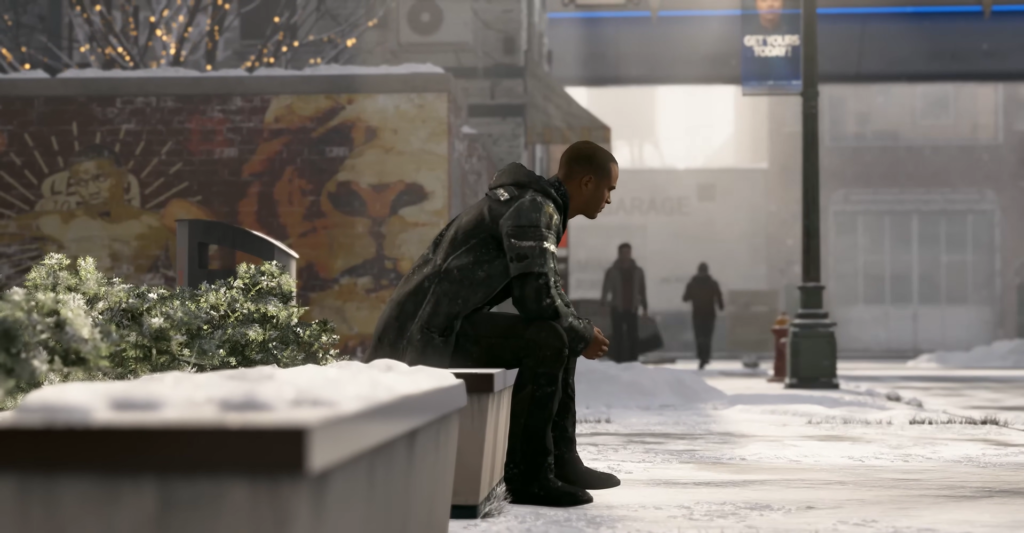 Маркус из Detroit: Become Human сидит на скамейке зимой