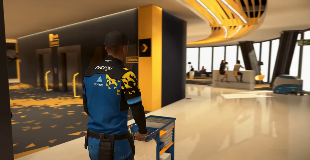 Андроид из Detroit: Become Human везёт тележку в офисе