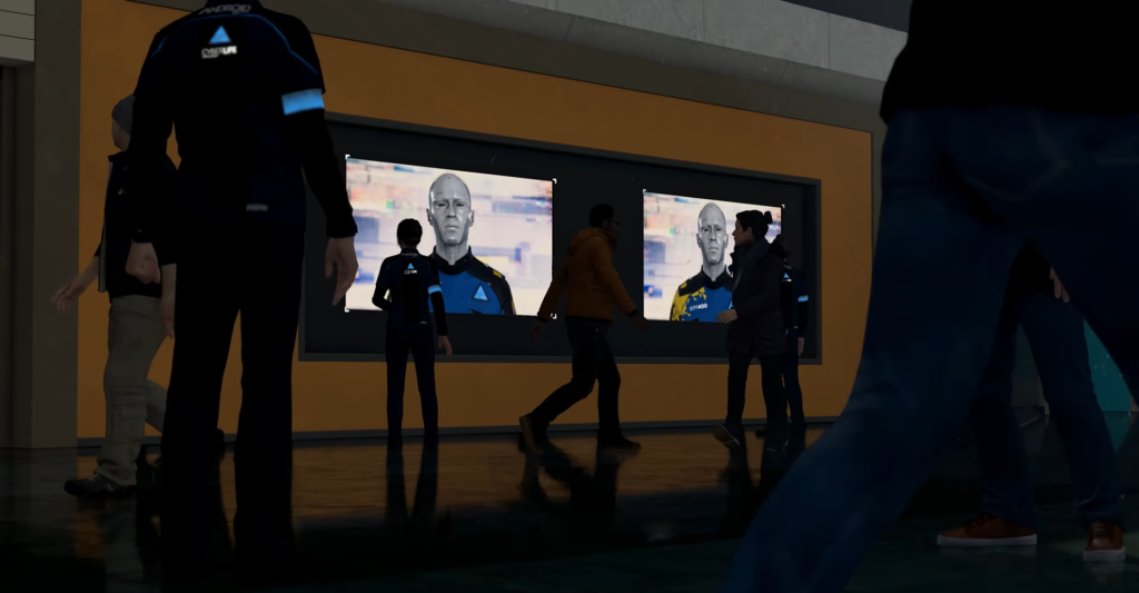 Люди смотрят экраны с андроидом в холле Detroit: Become Human