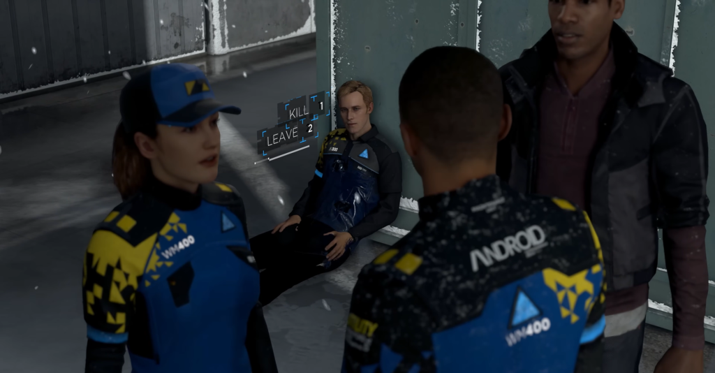 Андроиды Detroit: Become Human обсуждают раненого у стены