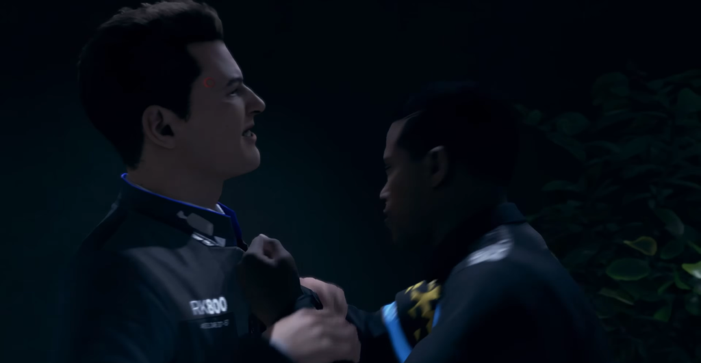 Коннор из Detroit: Become Human держит мужчину ночью