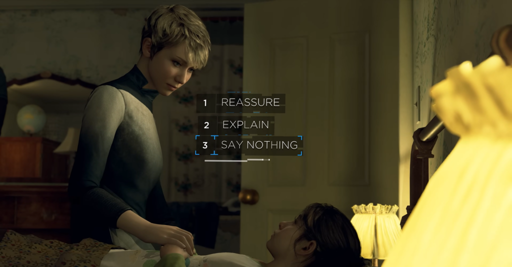 Кара из Detroit: Become Human держит руку девочки в спальне