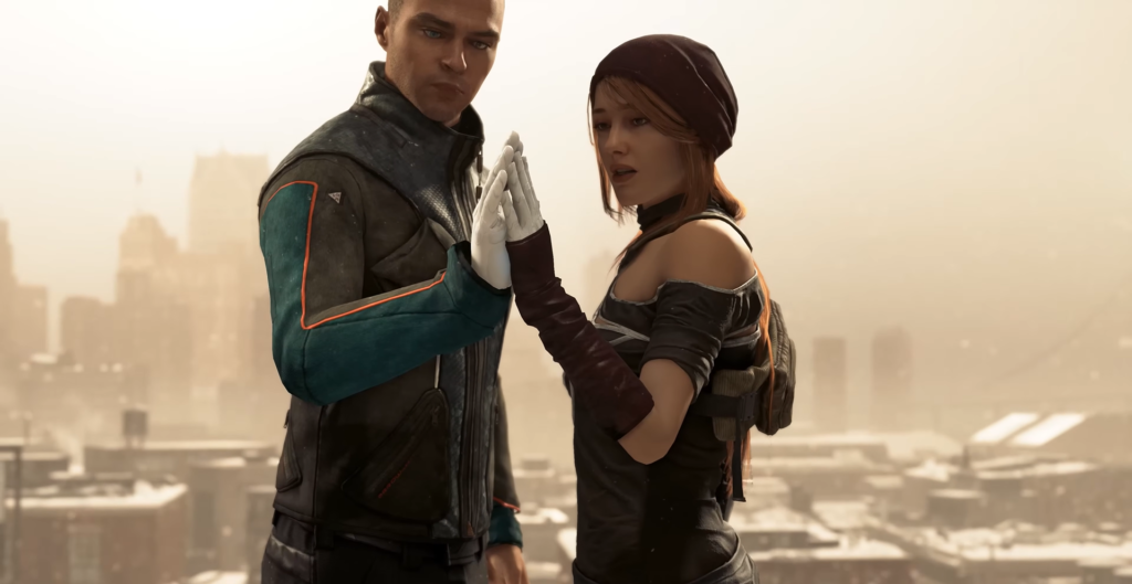 Маркус и Норт из Detroit: Become Human касаются ладонями на крыше
