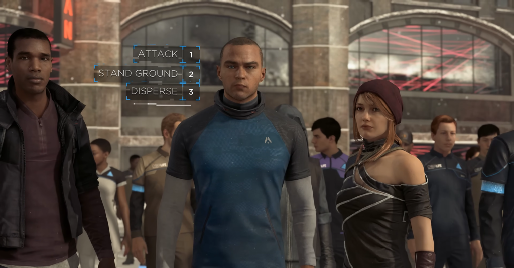 Маркус и Норт из Detroit: Become Human стоят в толпе