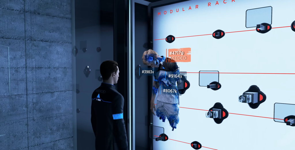Андроид Коннор из Detroit: Become Human осматривает тело в модульном стеллаже