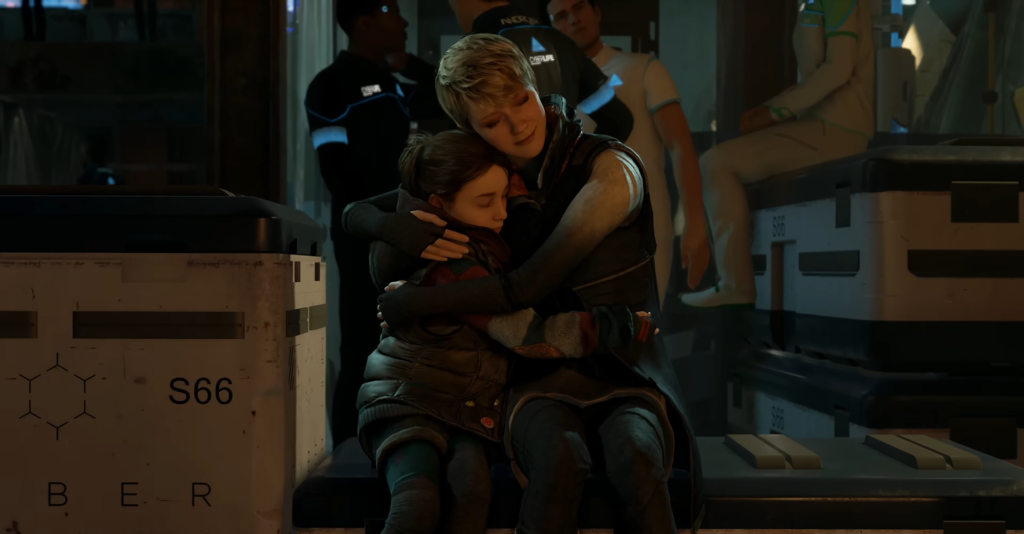 Кара и Алиса обнимаются в автобусе Detroit: Become Human