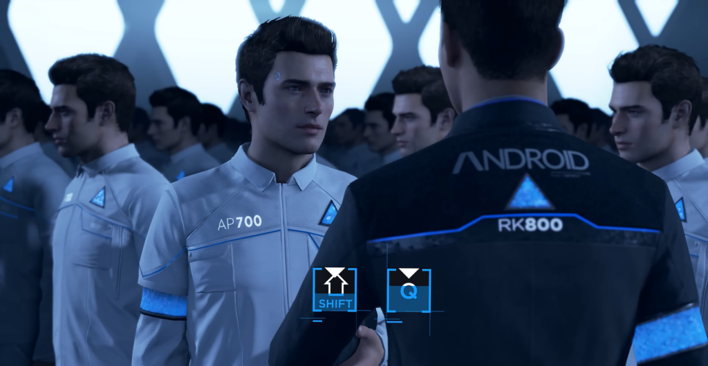 Коннор RK800 разговаривает с андроидами в зале